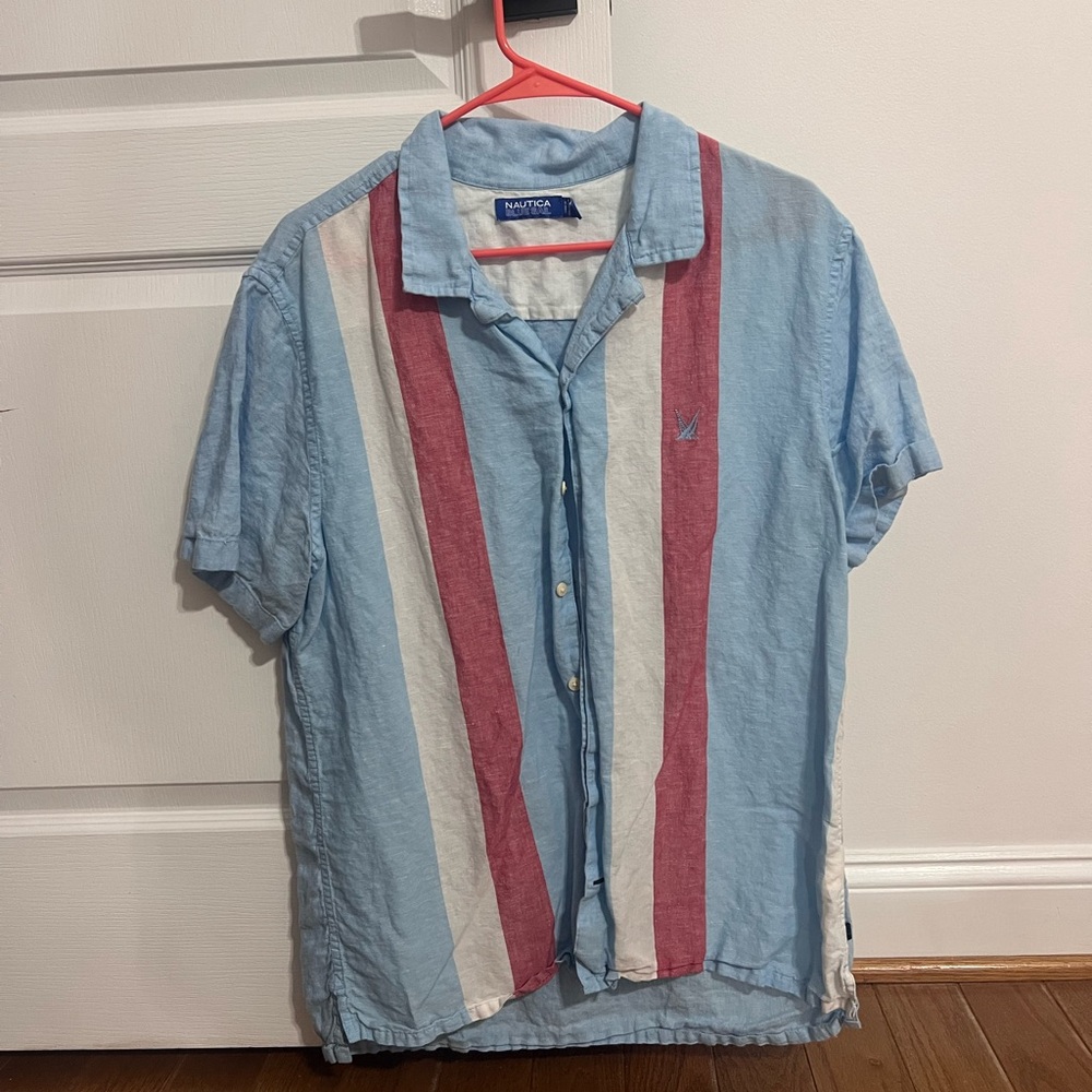 Nautica Mens linen cotton button up shirt, red white and blue, size large